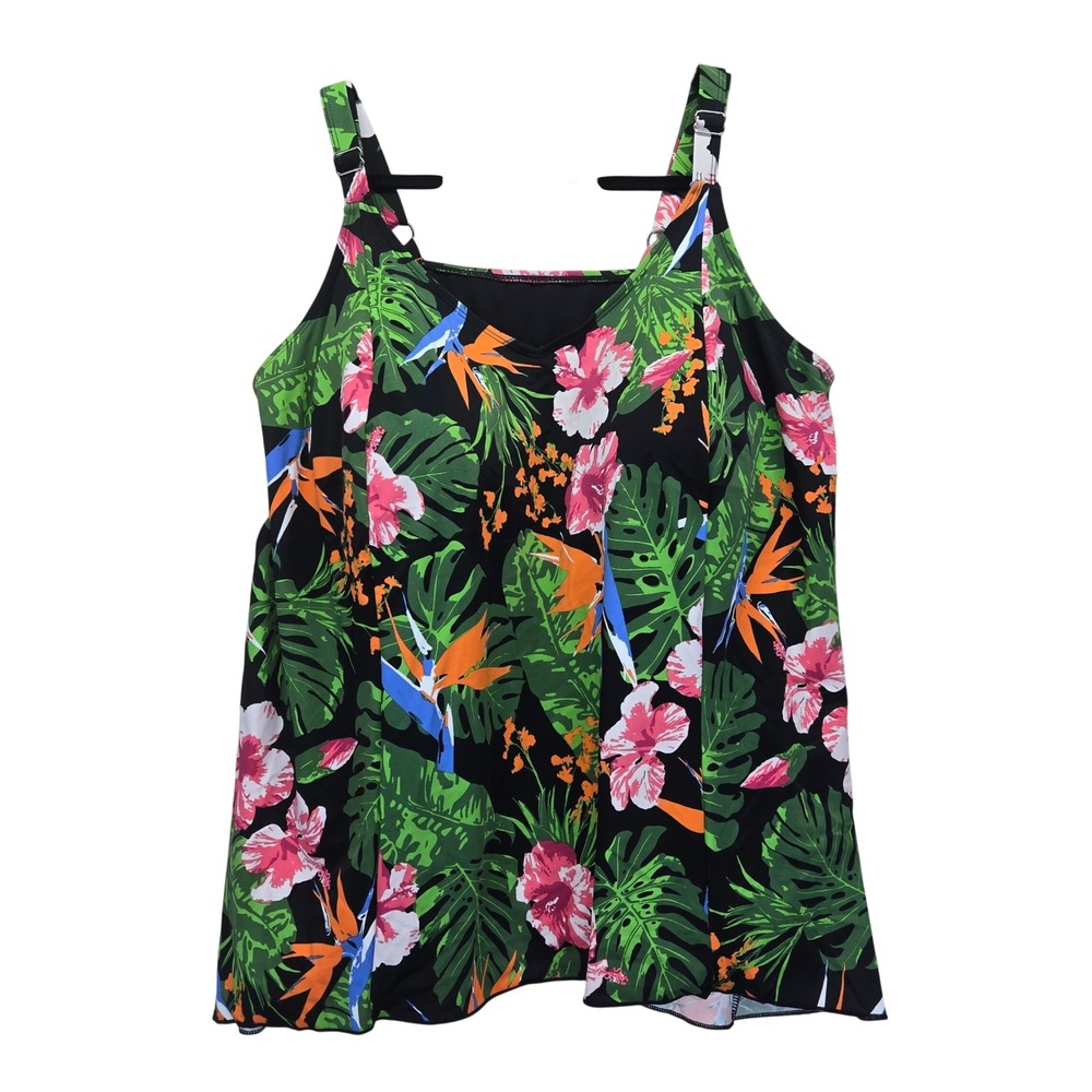 D&Co Beach Women 24W Swim Tankini Top Tropical‎ Floral Hibiscus Padded Vacation